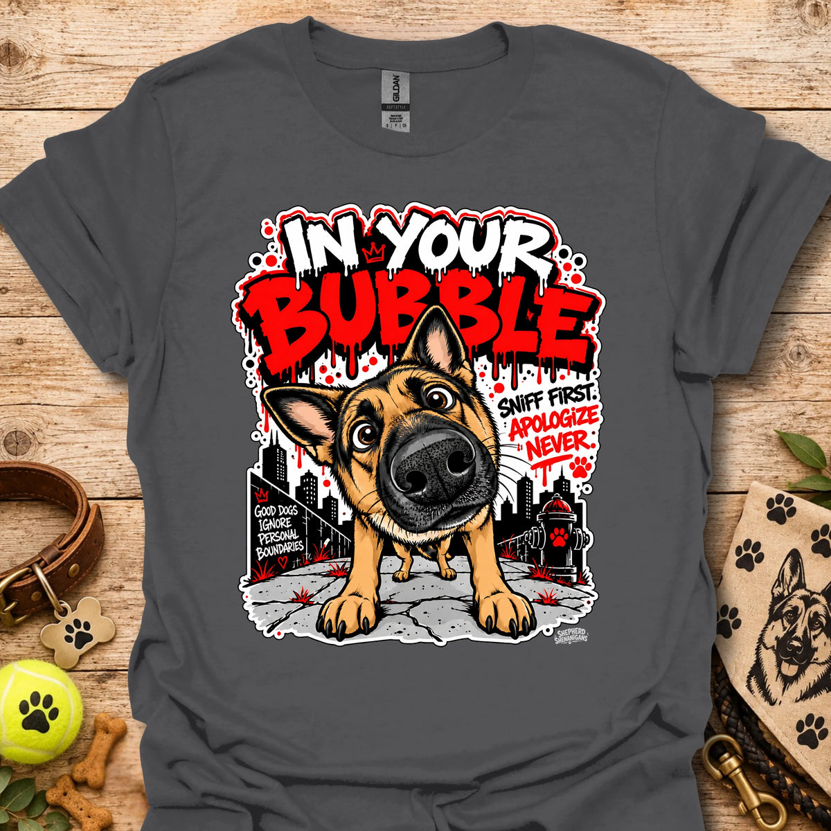 Charcoal crewneck T-shirt with German shepherd dog graphic and colorful text print