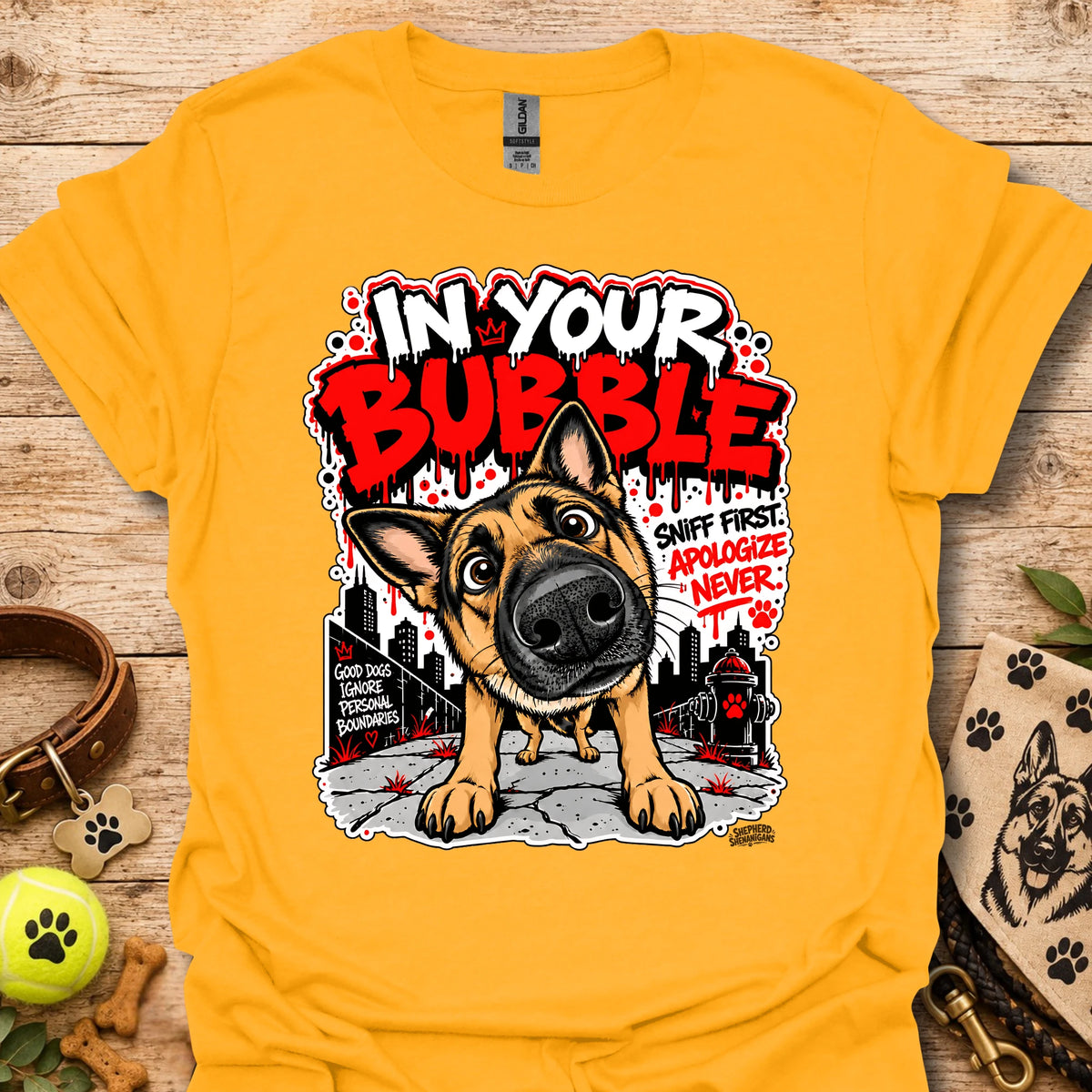 Gold crewneck T-shirt with German shepherd dog graphic and colorful text print