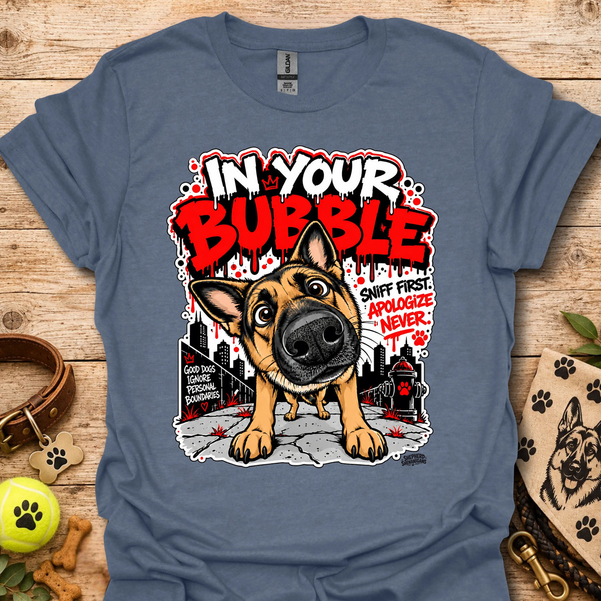 Heather indigo crewneck T-shirt with German shepherd dog graphic and colorful text print