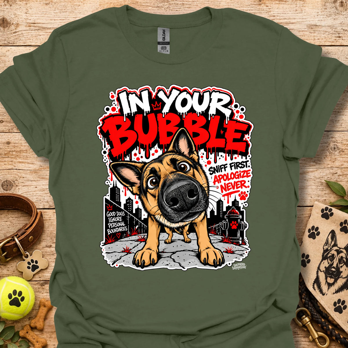 Military green crewneck T-shirt with German shepherd dog graphic and colorful text print