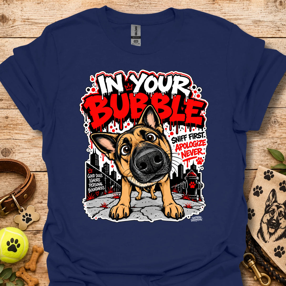 Navy crewneck T-shirt with German shepherd dog graphic and colorful text print