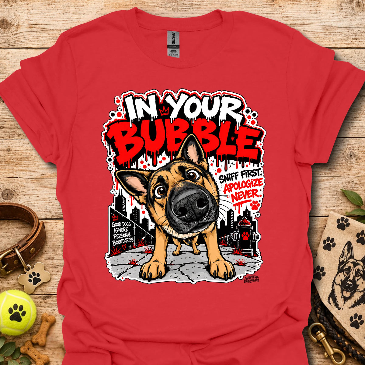Red crewneck T-shirt with German shepherd dog graphic and colorful text print