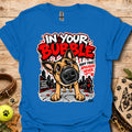 Royal blue crewneck T-shirt with German shepherd dog graphic and colorful text print