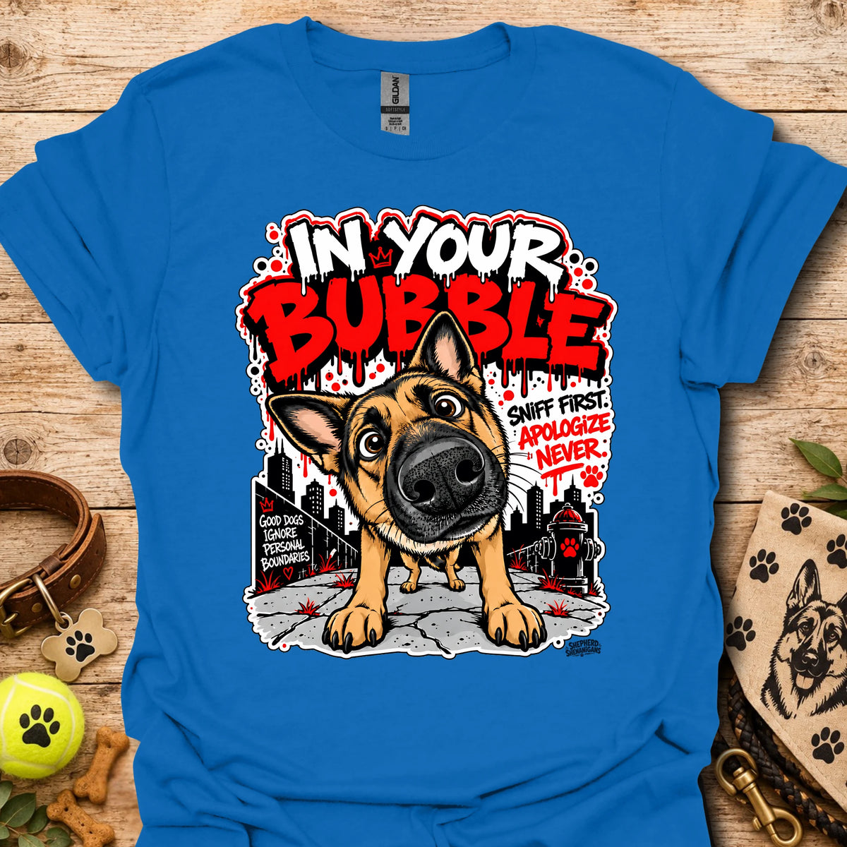 Royal blue crewneck T-shirt with German shepherd dog graphic and colorful text print