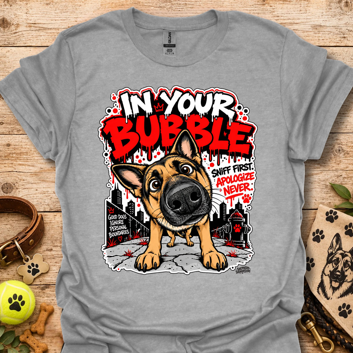 Sport grey crewneck T-shirt with German shepherd dog graphic and colorful text print