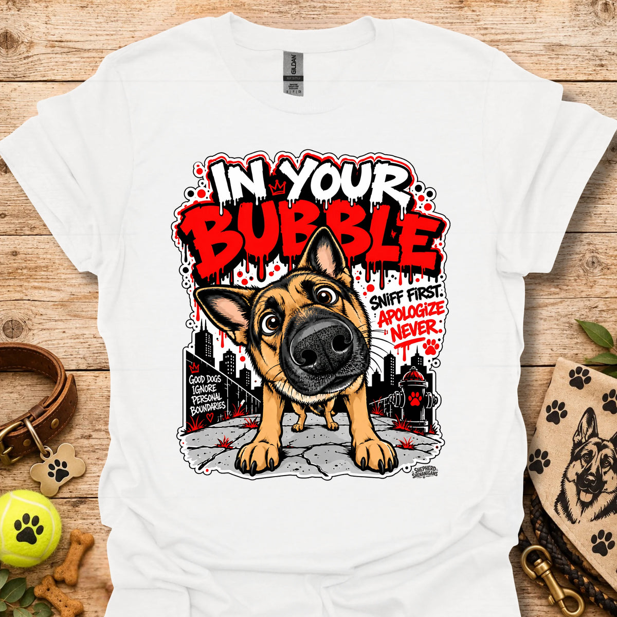 White crewneck T-shirt with German shepherd dog graphic and colorful text print