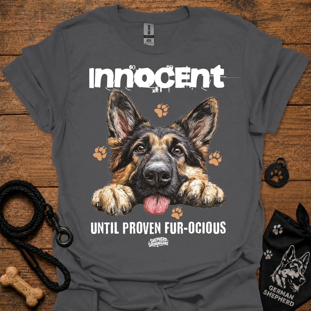 Charcoal T-shirt with German shepherd graphic and "Innocent Until Proven Fur-Ocious" text