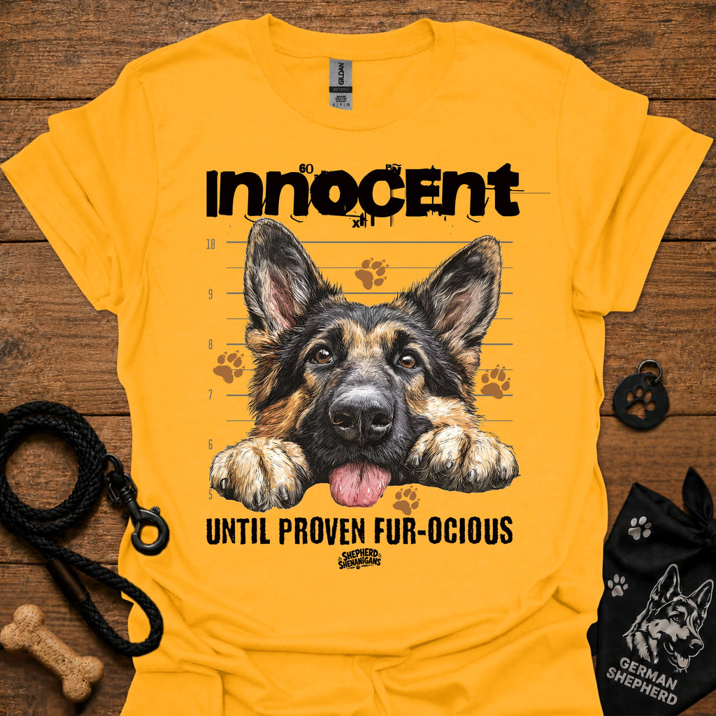 Graphic T-shirt with German shepherd and 'Innocent Until Proven Fur-Ocious' text