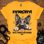Graphic T-shirt with German shepherd and 'Innocent Until Proven Fur-Ocious' text