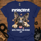 Navy T-shirt with German shepherd graphic and 'Innocent Until Proven Fur-ocious' text