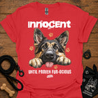 Red T-shirt with German shepherd graphic and 'Innocent Until Proven Fur-Ocious' text