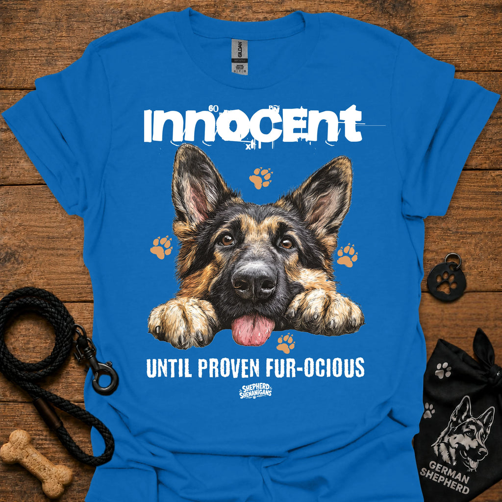 Graphic T-shirt with German shepherd and "Innocent Until Proven Fur-Ocious" text