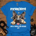 Graphic T-shirt with German shepherd and "Innocent Until Proven Fur-Ocious" text