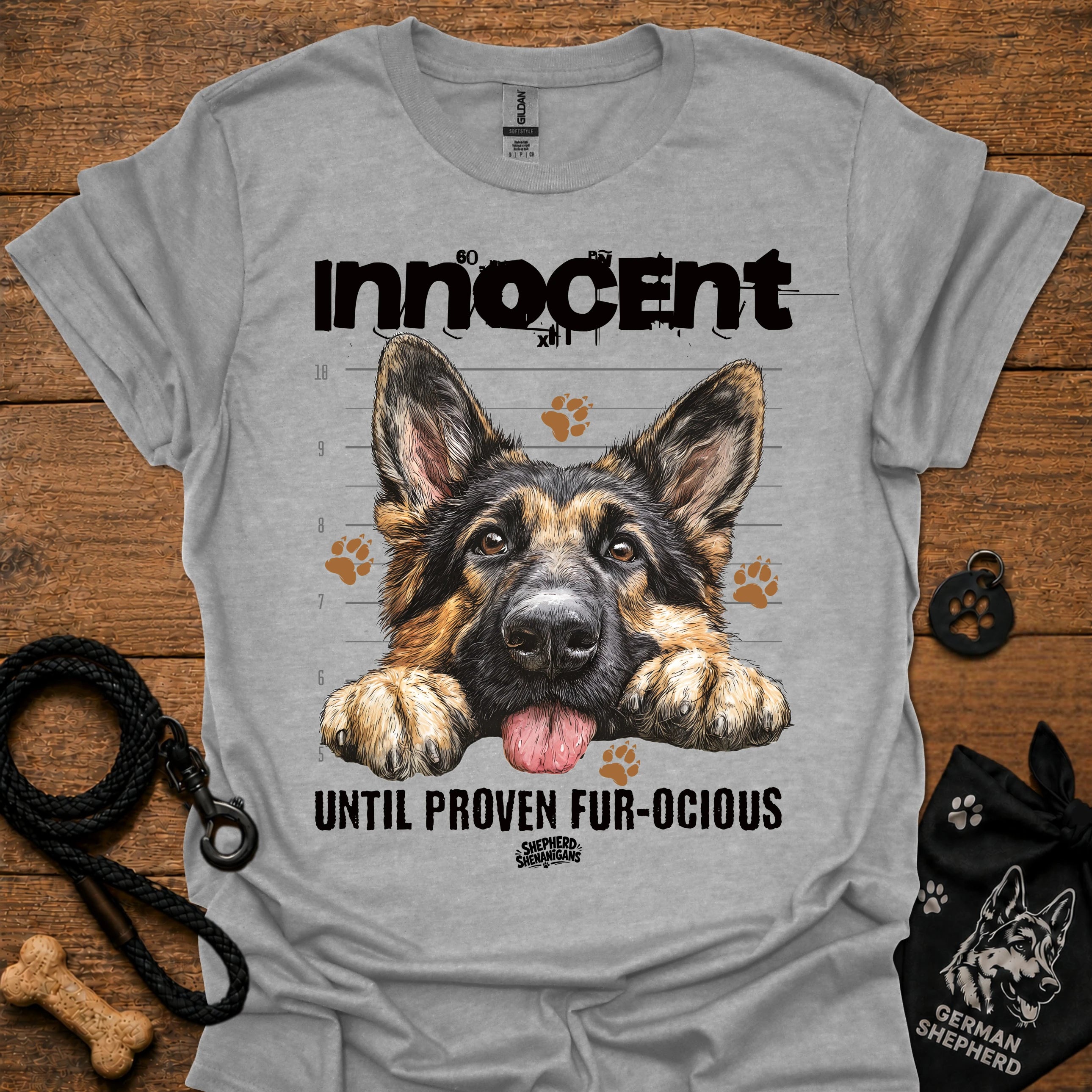 Gray graphic T-shirt with German shepherd and slogan print