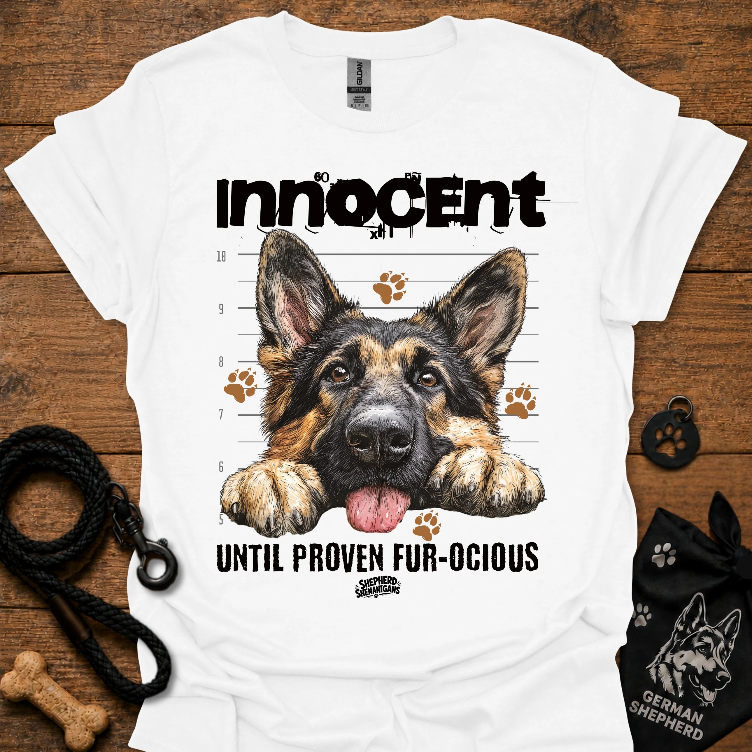 White T-shirt with German shepherd graphic and "Innocent Until Proven Fur-Ocious" text