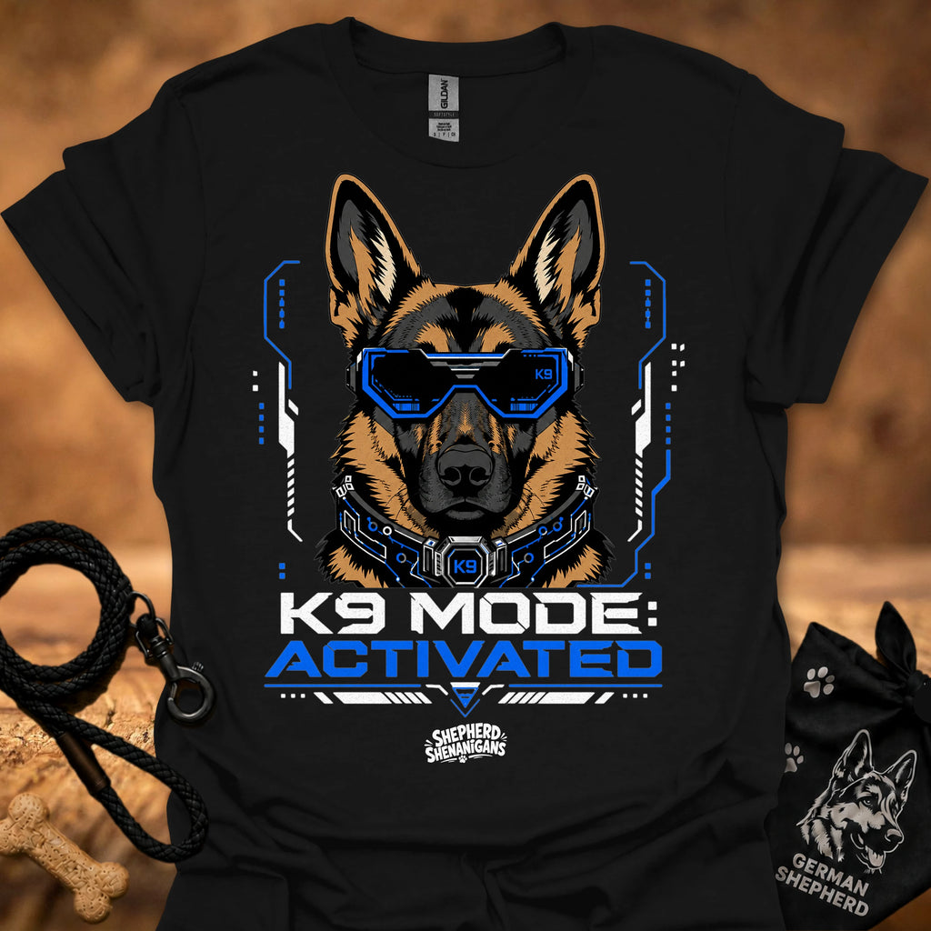 Black K9-themed graphic t-shirt with German shepherd head and blue visor print