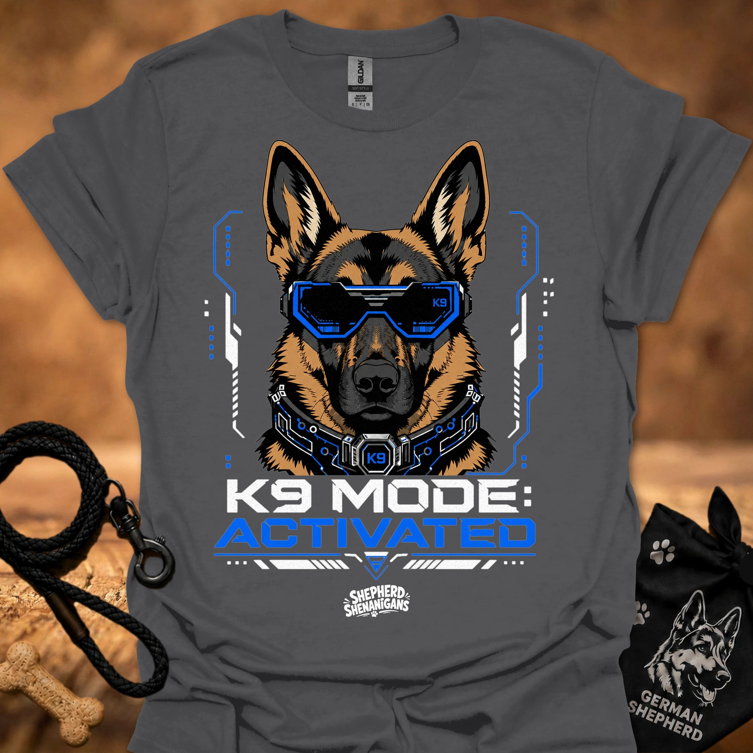 Charcoal K9-themed graphic t-shirt with German shepherd head and blue visor print