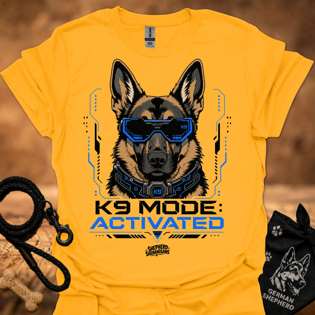 Gold K9-themed graphic t-shirt with German shepherd head and blue visor print