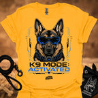 Gold K9-themed graphic t-shirt with German shepherd head and blue visor print