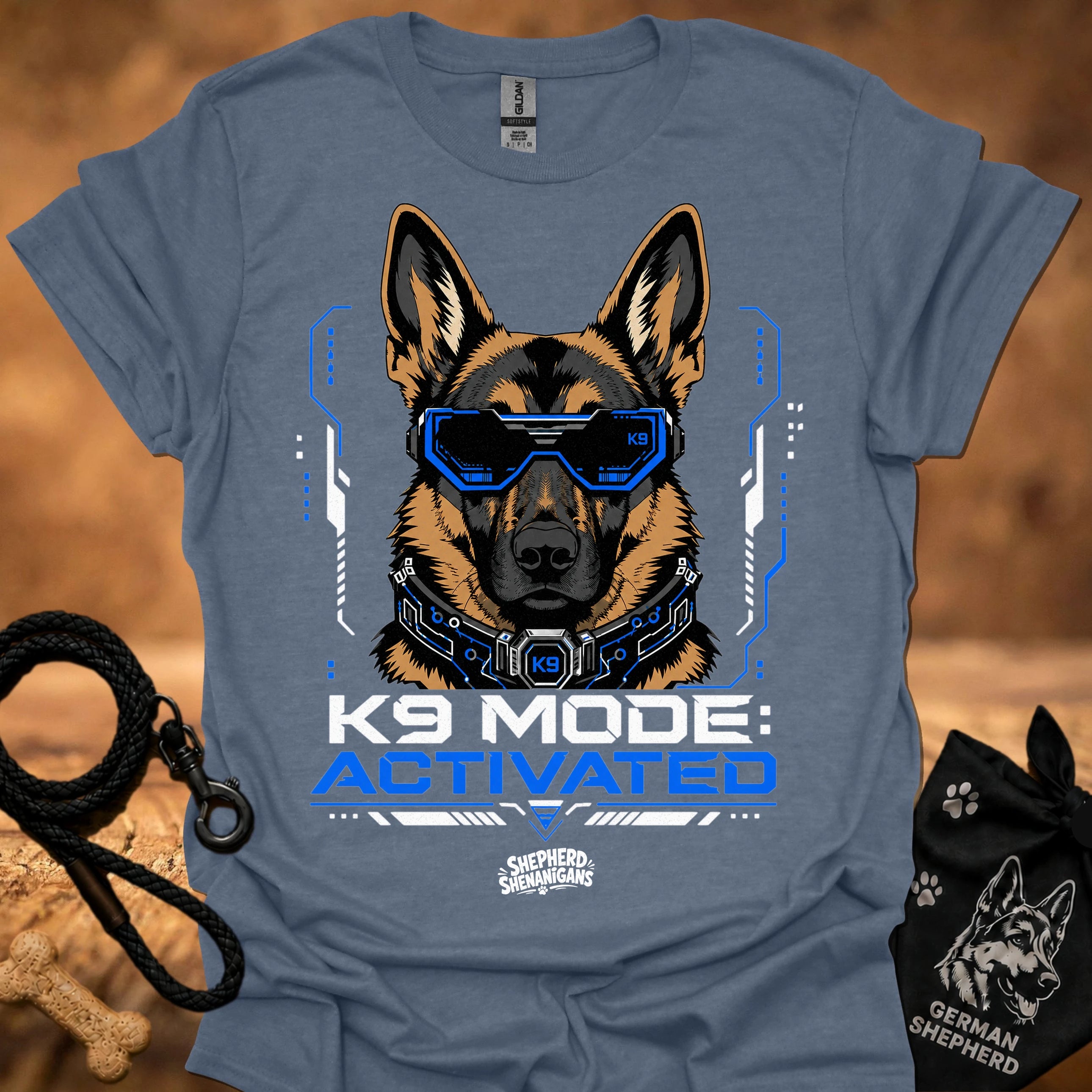 Steel blue K9-themed graphic t-shirt with German shepherd head and blue visor print