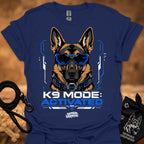 Navy K9-themed graphic t-shirt with German shepherd head and blue visor print