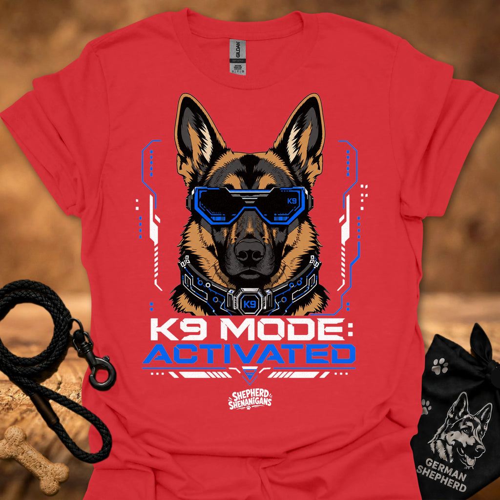 Red K9-themed graphic t-shirt with German shepherd head and blue visor print