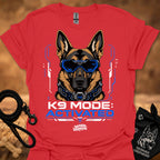 Red K9-themed graphic t-shirt with German shepherd head and blue visor print