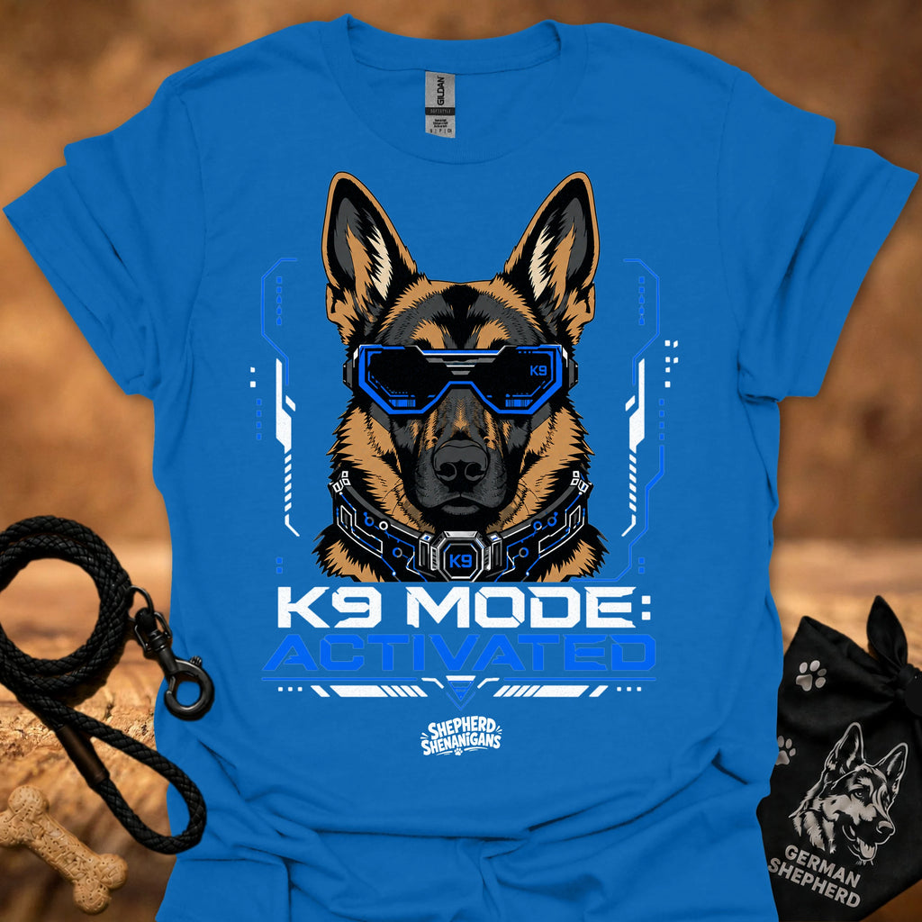 Royal blue K9-themed graphic t-shirt with German shepherd head and blue visor print