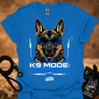 Royal blue K9-themed graphic t-shirt with German shepherd head and blue visor print