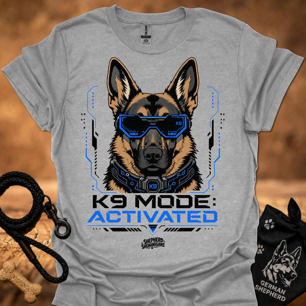 Light gray K9-themed graphic t-shirt with German shepherd head and blue visor print
