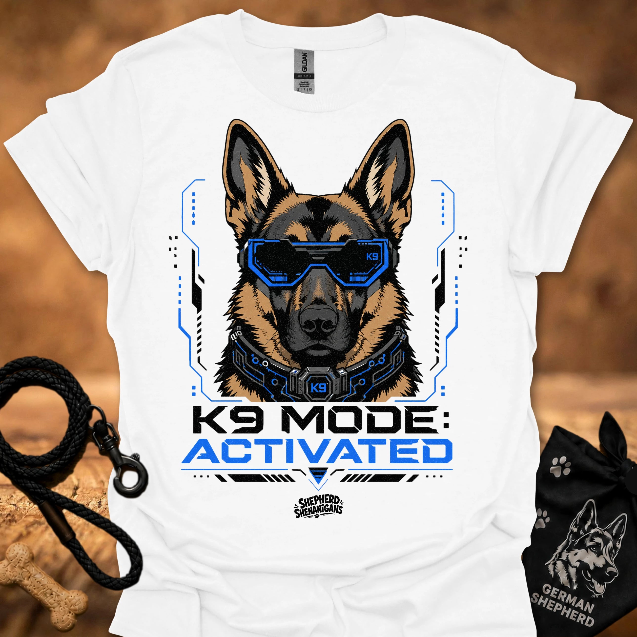 White K9-themed graphic t-shirt with German shepherd head and blue visor print