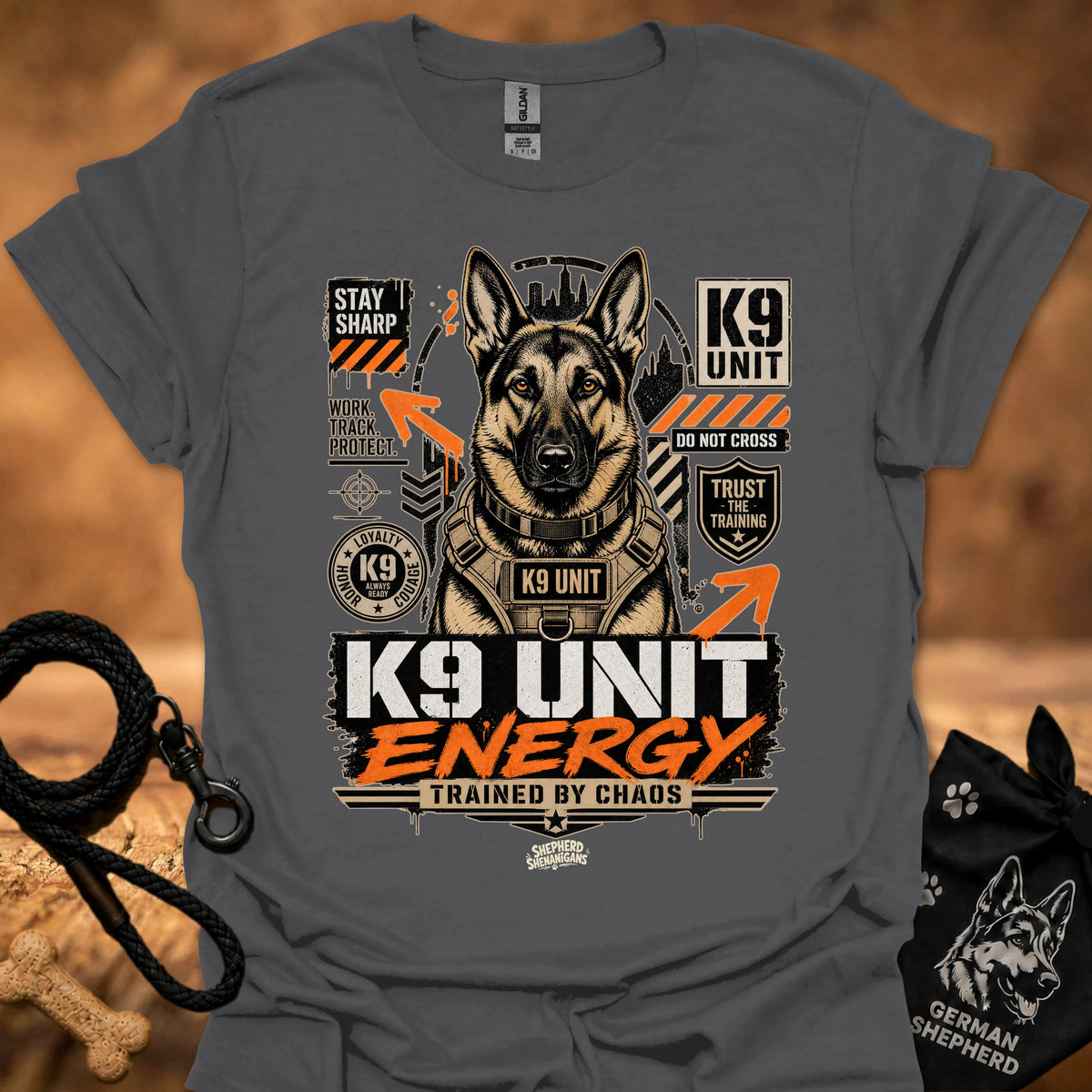 K9 Unit Energy T-shirt in Charcoal with K9 Unit dog graphic and large 'K9 UNIT' text.