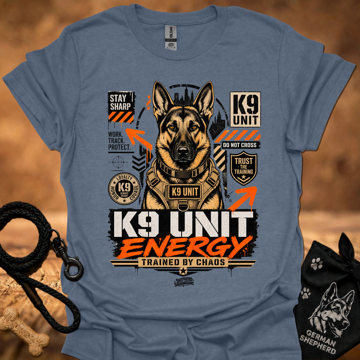 K9 Unit Energy T-shirt in Navy with K9 Unit dog graphic and 'trained by chaos' print.