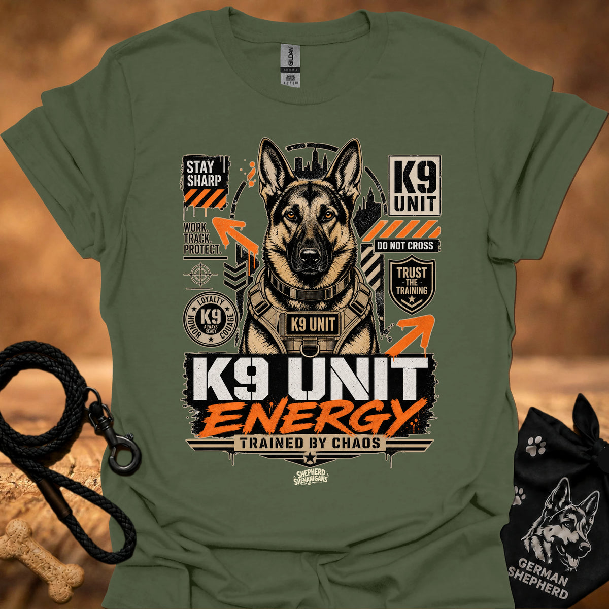 K9 Unit Energy T-shirt in Military Green with K9 Unit dog graphic and 'K9 UNIT' print.