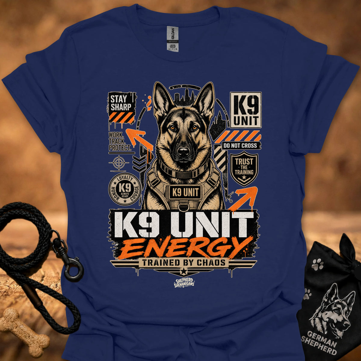 K9 Unit Energy T-shirt in Royal blue with K9 Unit dog graphic and 'K9 UNIT' text.