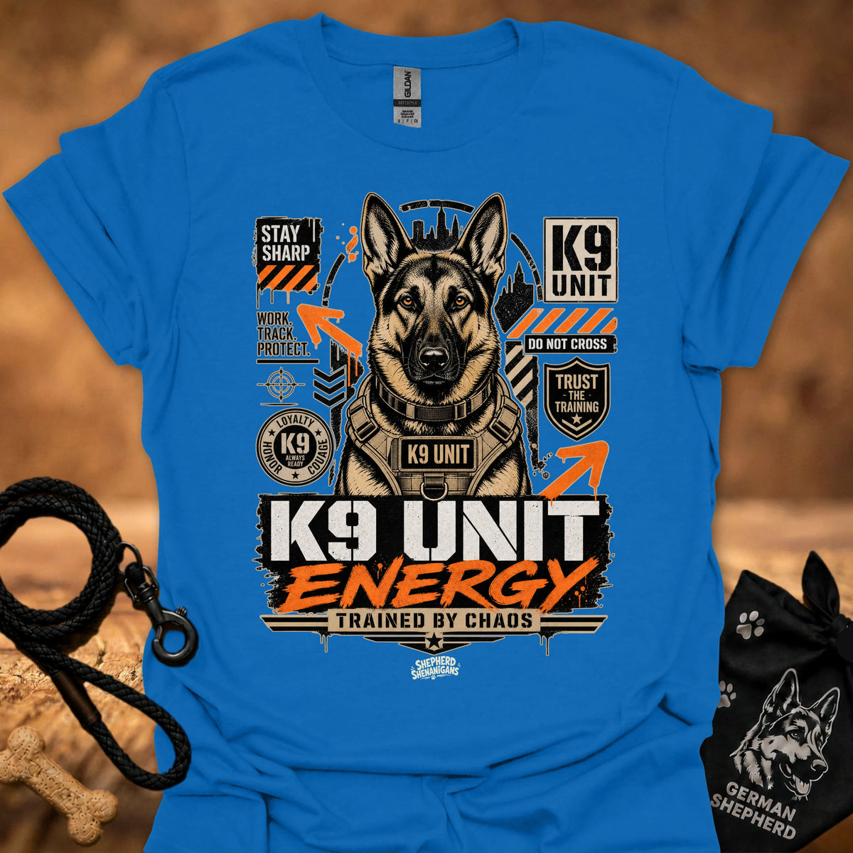 K9 Unit Energy T-shirt in Royal blue with K9 Unit dog graphic and 'K9 UNIT' print.