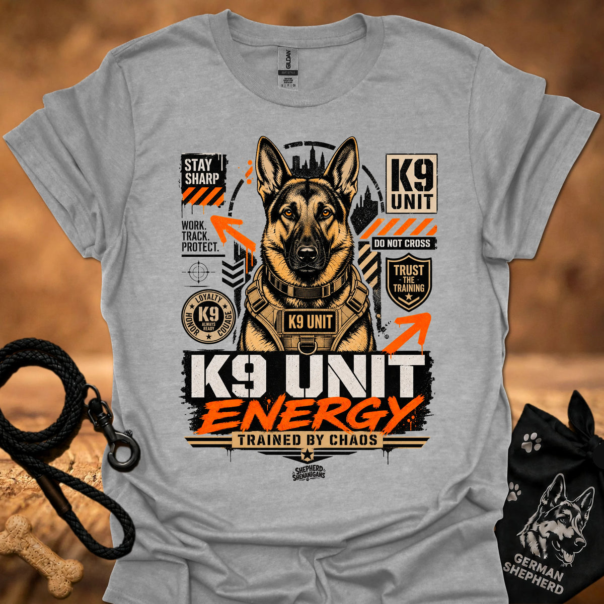 K9 Unit Energy T-shirt in Sport Grey with K9 Unit dog graphic and bold 'K9 UNIT' print.