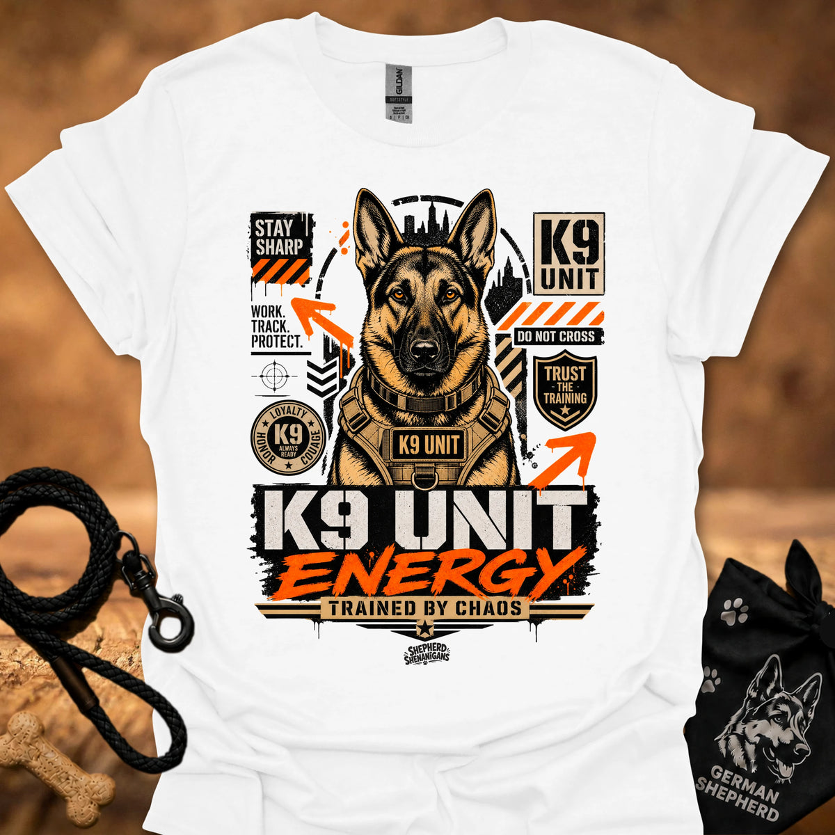 K9 Unit Energy T-shirt in White with K9 Unit dog graphic and bold 'K9 UNIT' print.