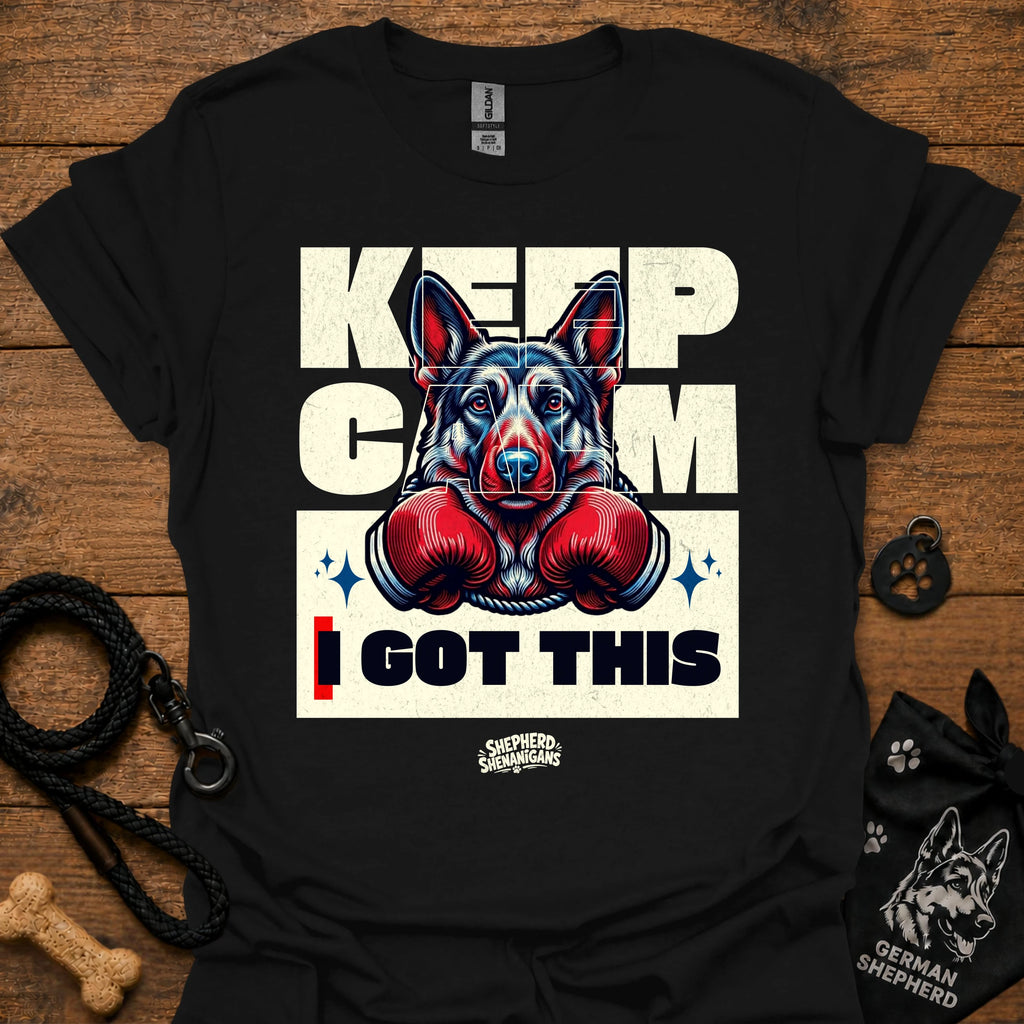 Black T-shirt with German shepherd boxing gloves graphic and 'I GOT THIS' front.