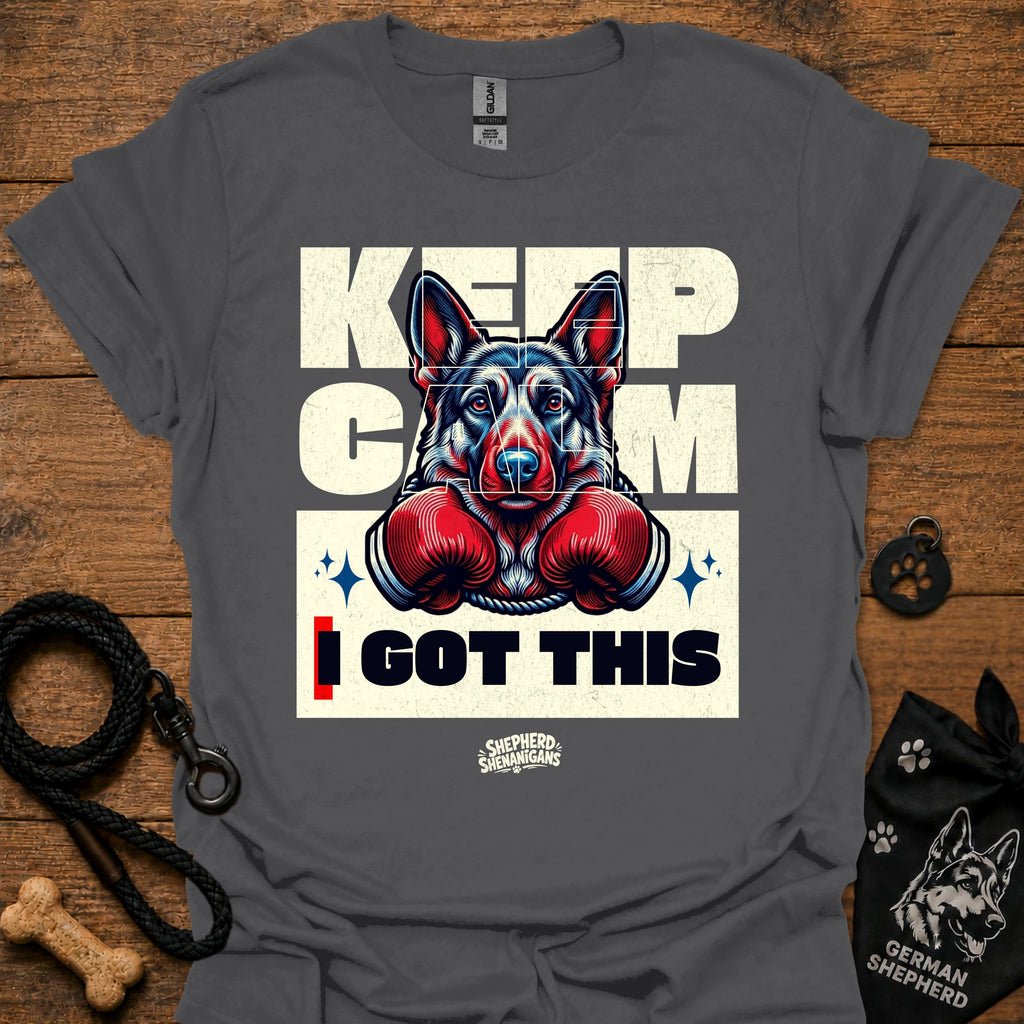 Charcoal T-shirt with German shepherd boxing gloves graphic and 'I GOT THIS' front.