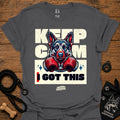 Charcoal T-shirt with German shepherd boxing gloves graphic and 'I GOT THIS' front.