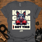 Charcoal T-shirt with German shepherd boxing gloves graphic and 'I GOT THIS' front.