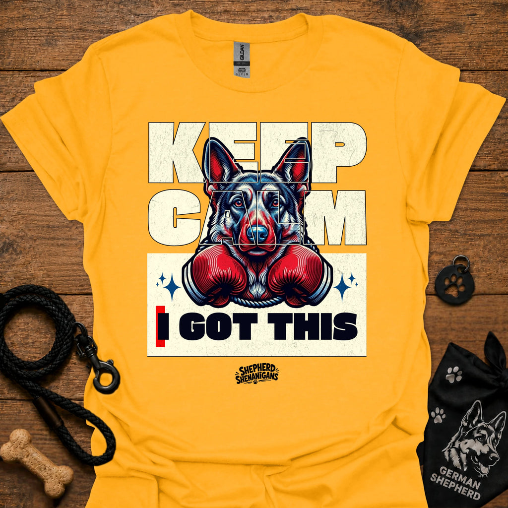 Gold T-shirt with German shepherd boxing gloves graphic and 'I GOT THIS' front.