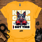 Gold T-shirt with German shepherd boxing gloves graphic and 'I GOT THIS' front.
