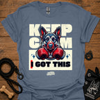 Heather indigo T-shirt with German shepherd boxing gloves graphic and 'I GOT THIS' front.