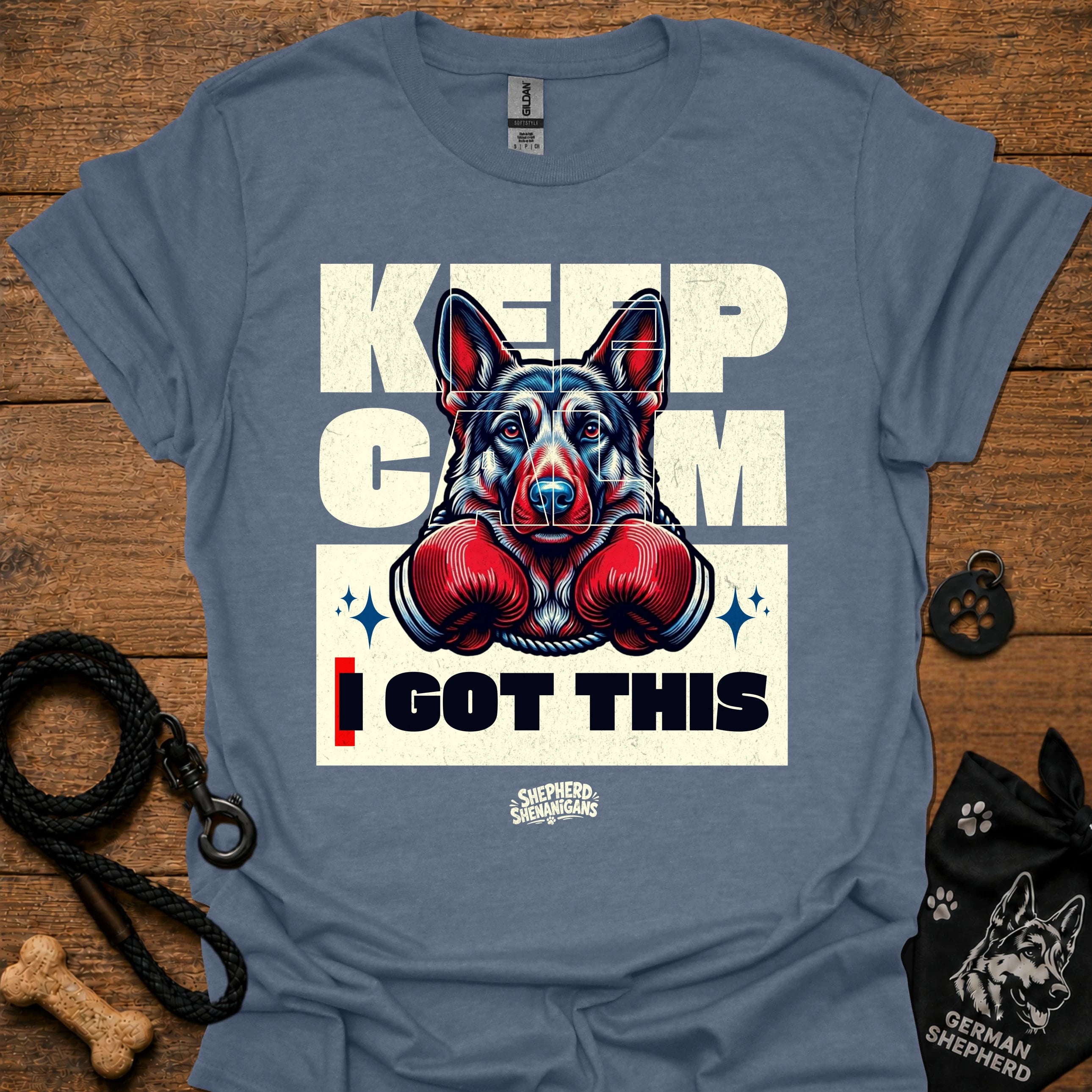 Heather indigo T-shirt with German shepherd boxing gloves graphic and 'I GOT THIS' front.