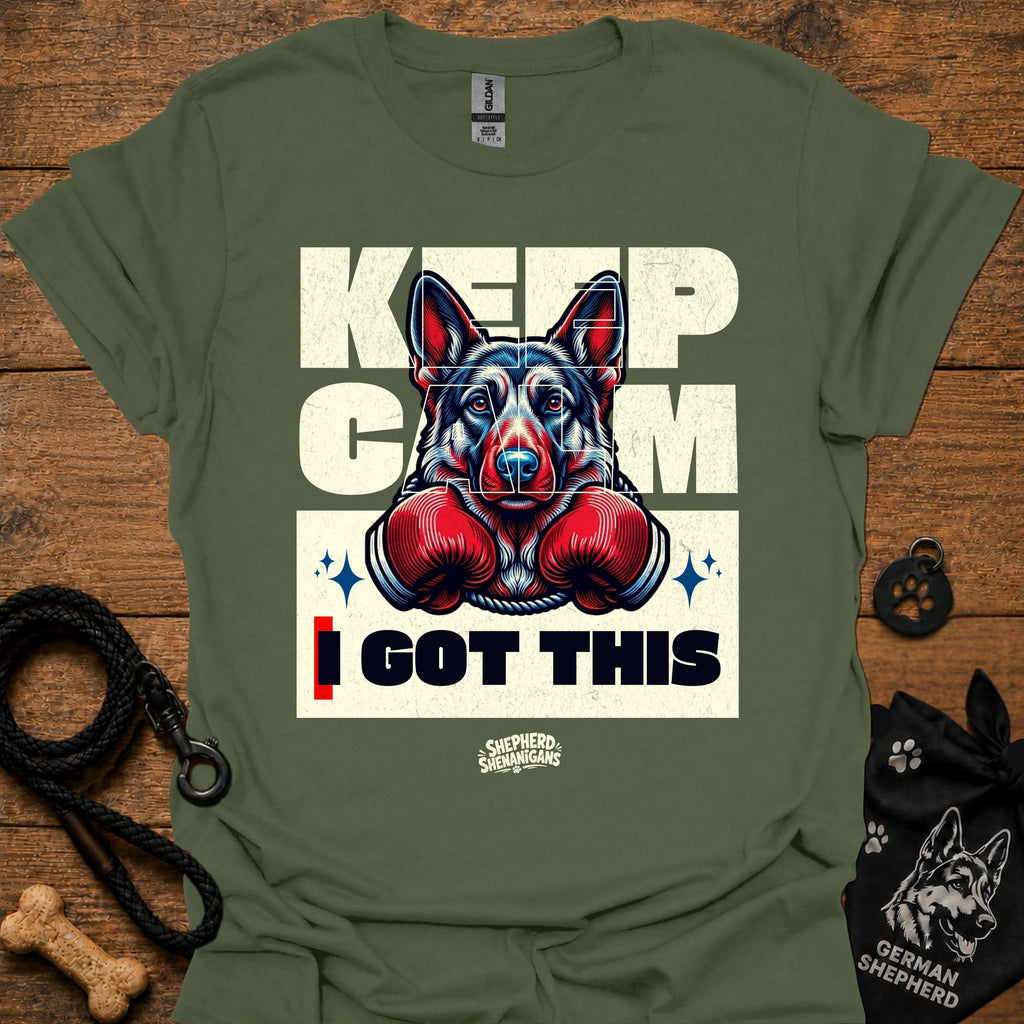 Military green T-shirt with German shepherd boxing gloves graphic and 'I GOT THIS' front.