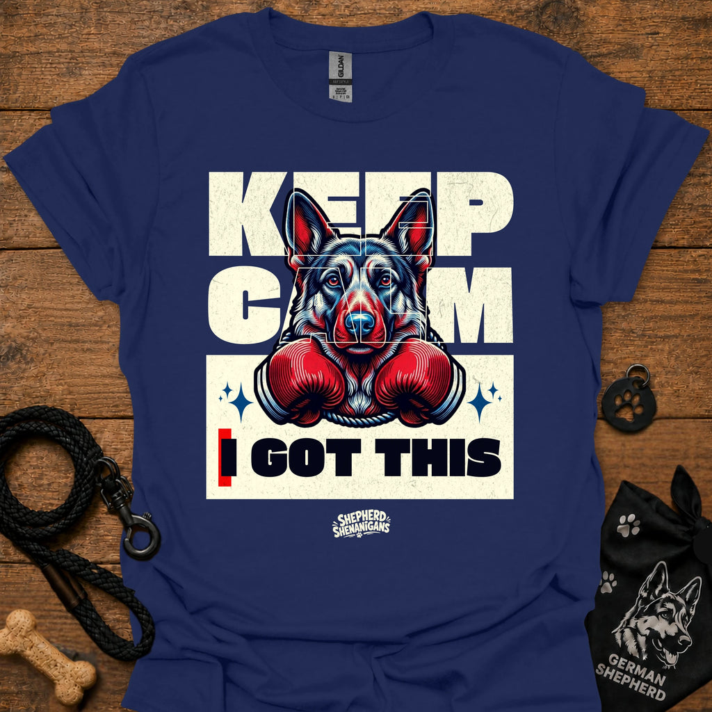 Navy T-shirt with German shepherd boxing gloves graphic and 'I GOT THIS' front.