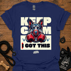 Navy T-shirt with German shepherd boxing gloves graphic and 'I GOT THIS' front.