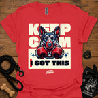 Red T-shirt with German shepherd boxing gloves graphic and 'I GOT THIS' front.